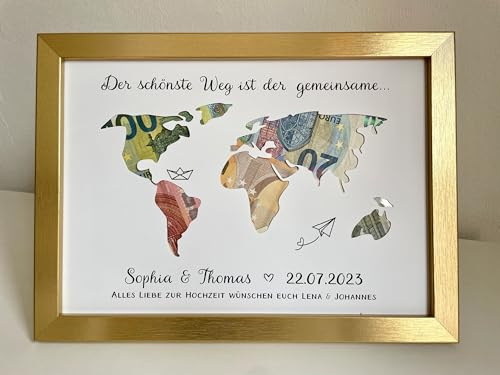 LALELU-Prints OHNE RAHMEN Hochzeitsgeschenke für Brautpaar Hochzeit Hochzeitskarte Geldgeschenk Geschenk Geld personalisiert Weltkarte A4