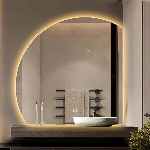 Specchio Da Bagno A Semicerchio Illuminato A LED,specchio Per Il Trucco Da Parete,specchio Intelligente HD A LED,luce A Un Solo Tocco+a Tre Colori+abbassamento C(Size:50cm,Color:Sottosquadro destro)