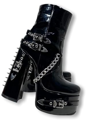 Frankie Hsu Bottines gothiques à talons hauts à plateforme pour femme, noir verni avec chaîne argentée et rivets punk Y2K Hot Girl Gothique, grande taille pour homme et femme, noir, 41 EU