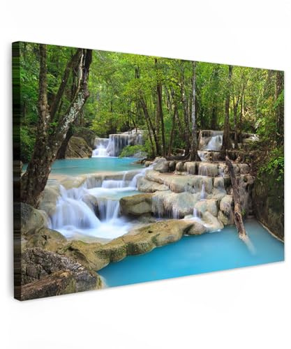 MuchoWow© Impressions sur Toile Deco Tableau Murale Decoration Salon | 90x60 cm - Peinture Tableaux Chambre Toiles Maison Cascade - Nature - Forêt - Rivière - Bleu - Vert