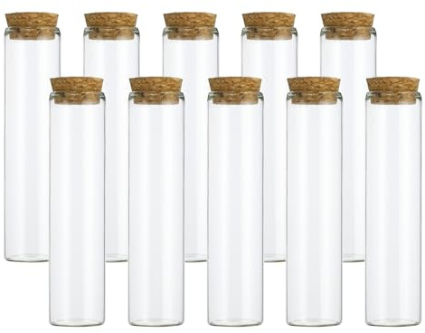 PATIKIL 60ml Test Tubes, 10pcs 4.72x1.18in Glass Clear Flat Bottom Test Tube Containers with Cork Stoppers for Bead Party Candy Bath Salt Storage Scientific Experiment Plant Propagation