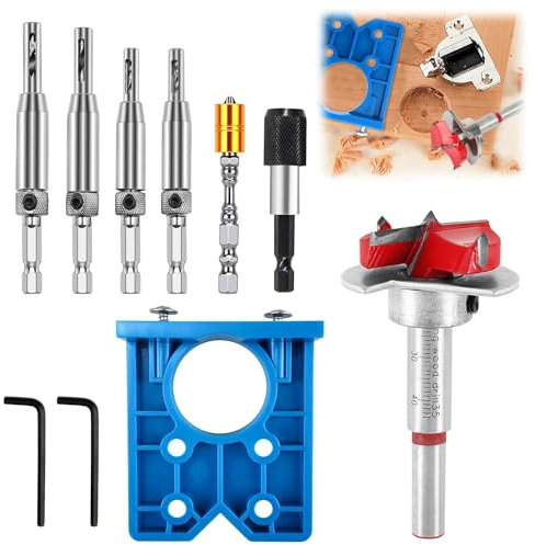 Set di Punte per Cerniere Nascoste 35 mm, Punte Forstner per Legno, Trapano Regolabile con Dima per Cerniere a Scodellino - Installazione Mobilia Porta Armadi