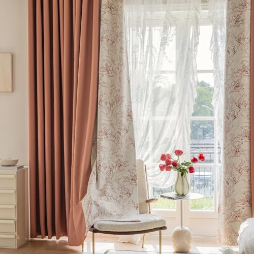 Whoiy Gardiene Vorhang Braun mit Ösen 115 cm Hoch, 2 Stück Vorhänge Verdunkelnd Chenille Patchwork Jacquard Moderne Fenstervorhang Schlafzimmer mit Blumendruck, 115x107 cm