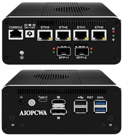 AIOPCWA Mini PC Firewall Appliance, 2 × 10GbE SFP+, 4 × i226V 2.5GbE LAN Ports, Core i7 1185G7 Micro PC, OPNsense Router Hardware, Console COM, HD+DP, USB-C, Barebone No RAM/SSD