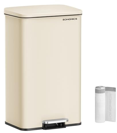 SONGMICS Mülleimer Küche, 40 Liter Abfalleimer, großer Tretmülleimer, mit Deckel, aus Stahl, Softclose, inklusive 15 Müllbeutel, sandbeige LTB540A02