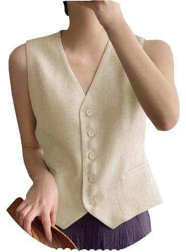 AeoTeokey Gilet da donna in lino, con scollo a V, monopetto, elegante, per business, champagne, XXL