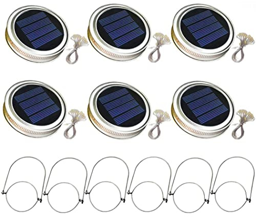 SMELEYOU Solar Bottle Lights Solar Mason Jar Lid Light with 2m String Lights Handle 20 LEDs Hanging Lantern Lamp Replacement Solar Light Top for Garden Decoration Warm Light 6PCS