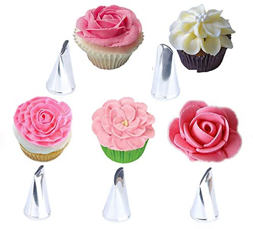 Spritztüllen, Rosen-Spritztüllen, Blumendüse, Edelstahl, Zuckerguss-Düsen, Dessert-Dekoration, professionelles Gebäckspitzen-Set für Desserts, Cupcakes, Kekse, 5 Stück