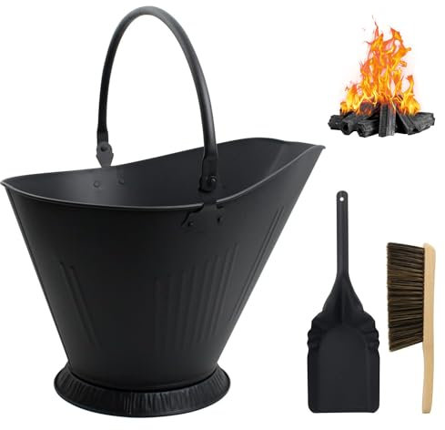 Ascheeimer für Kamine, 12 Liter Holzkohle Kohleeimer Set mit Schaufel und Handbesen, Werkzeugset Zubehör für Kamin, Feuerstelle, Holzofen, Ascheschaufel mit Deckel für Kamin und Grill Kehrset, Schwarz