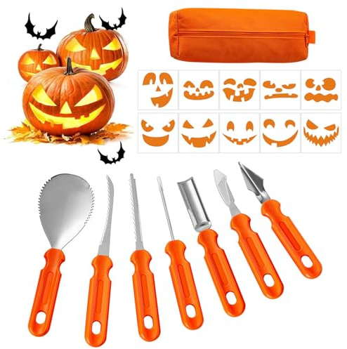 Fiyuer Halloween Kürbis Schnitzset, 7 Stück Kürbis Schnitzen Werkzeug mit 10 Stück Kürbis Schnitzvorlagen, Edelstahl Schnitzwerkzeug Kürbis mit Tragetasche, Kürbis Schnitzset Kinder und Erwachsene