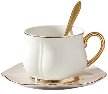 YUBAOLI Kaffeetasse aus Keramik, Becher, Kaffeetasse und Untertasse, europäische Luxus-Teetasse aus Porzellan mit Goldrand, 200 ml(White)