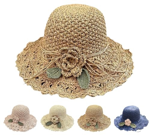 Chapeau de paille élégant au crochet avec détails à volants, chapeau à visière en paille pour femmes, casquette de paille d'été pour la plage, kaki, Taille unique