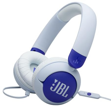 JBL Junior 320, Wired On-Ear Headphones for Kids with Built-In Mic, JBL Safe Sound, Low Volume, 12 mm Thick Soft Pad and Sticker Set, Ultra-Portable Design, Blue