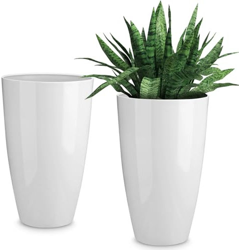 RimCereal Große Kunststoff-Pflanzgefäße für Innen- und Außenpflanzen, 50,8 cm hoch, weiß, große Blumentöpfe, Garten, moderne Heimdekoration für Veranda, Terrasse, Terrasse, Wohnzimmer, 2 Stück