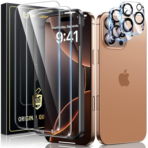 UniqueMe per iPhone 16 Pro Vetro Temperato - e Protezione Fotocamera | 2 Pezzi Pellicola Protettiva e 2 Pezzi Protezioni Fotocamera per iPhone 16 Pro, Antigraffi, Senza Bolle