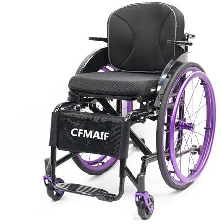 CFMAIF Faltrollstuhl, Rollstuhl Faltbar Leicht Reiserollstuhl, manuell fahrend, Rollstühle mit Selbstantrieb, Feste Armlehnen (38cm/14.9in seat,Purple)