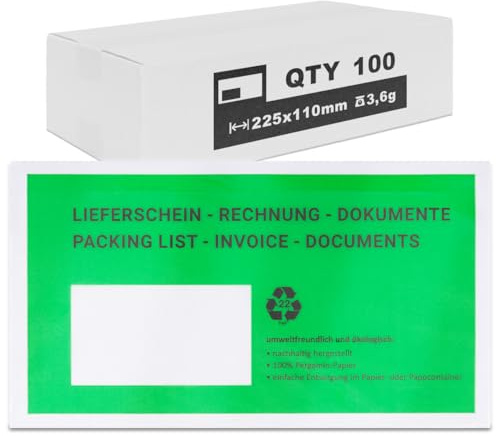 verpacking Lieferscheintaschen Pergamin Papier 225 x 110 mm DIN Lang Grün [ Farbe und Stückzahl wählbar] selbstklebend Dokumententasche Begleitpapiertasche für Rechnungen und Dokumente 100 Stück