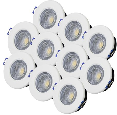 ELG Leuchten LED Einbaustrahler 10er Set, Weiß, 68mm, 7,5W, 2800-4000K | Dimmbar 240V, 7,5W, 600-650LM, IP54, Einbauleuchten, Deckenspots, Downlight