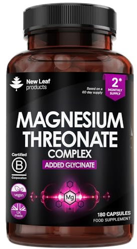 Magnesium Threonate Complex - High Strength 2550mg Magnesiums Supplements - Added Magnesium Glycinate, 180 Vegan Capsules - L-Threonate UK Made by New Leaf (3 Per Serving)