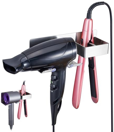 XILIMEN Hairdryer Holder Wall Mounted, Hair Dryer and Straightener Holder, Adhesive Hair Dryer Holder Silver, Hair Styling Care Tool Organizer Stand for Hair Dryer, Curling Wands