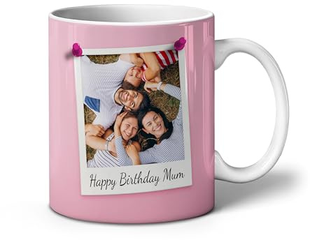 iCaseDesigner Personalised Photo Mug with Name – 5 Colour Themes - Custom Coffee Cup with Retro Photo Print – Unique Gift for Him, Her, Friends, Couples. Pink