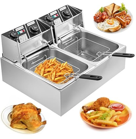 Commercial Electric Deep Fat Fryer - Large Stainless Steel Chip Fryer with Dual Tank, Basket, and Lid