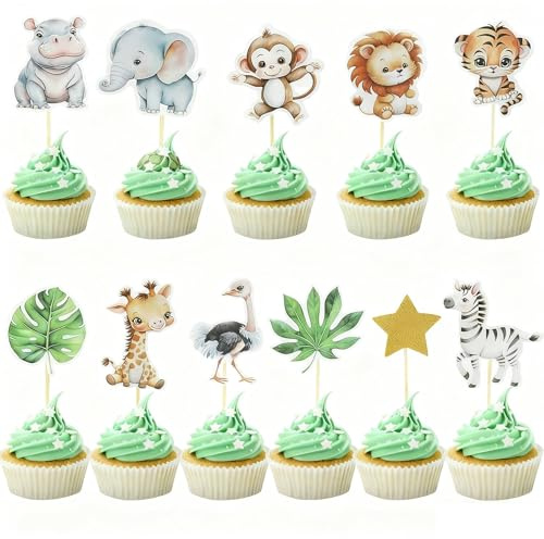 KQDRAVINE Djungel safari djur tårtdekoration set, 40 stycken tårtdekoration djur, cupcake-dekoration för barns födelsedag, baby party