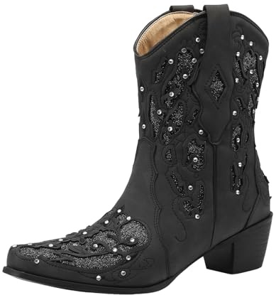 Xbemkste ankelstövlar dam cowboystövlar med klack vintage västerländska stövlar med strass varma vinterstövlar slip-on halvstövlar kort skaft stövlar halvskaft damstövlar