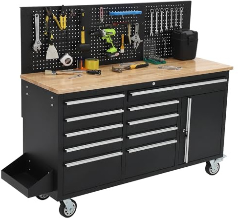 IDEALHOUSE 61-inch Rolling Tool Chest, 10 Drawers Garage Workbench Storage Tool Cabinet with Power Strip, Solid Rubber Wood Top, 1675 LBS Load Mobile Workstation, Heavy Duty Rolling Cabinet, Black