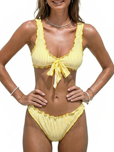CUPSHE Set Bikini da Donna, Costume da Bagno a Due Pezzi, Bikini Carino con Volant, Spalline Larghe, Vita Bassa, Fondo Alto e Sexy, L