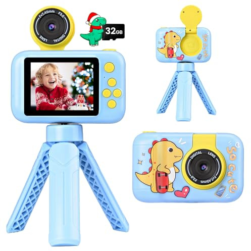 Appareil photo pour enfants avec trépied, appareil photo numérique dinosaure pour enfants 3-10 ans, 1080P, écran IPS 2,4, objectif rotatif 180°, carte 32 Go, cadeau Noël ou anniversaire