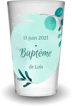 Wobz - Gobelet Personnalisé Baptême Bleu & Feuilles - Impression Quadrichromie digitale - Fabriqué En France - Prénom Et Date Personnalisables - 25 cl - Pack de 10, 25, 50, 100, 250 et 500