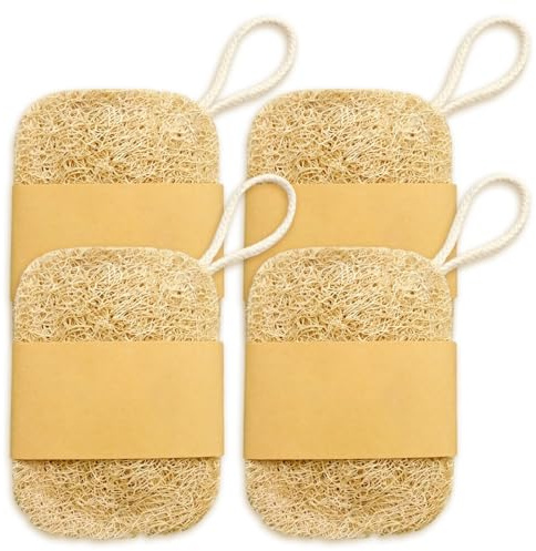 VAEIORP Set de 4 esponjas naturales de lufa – jabonera cuadrada/esponja para ducha/baño/cocina/encimera (7×10 cm)