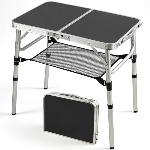 Warmiehomy Folding Camping Table, 3 Adjustable Height, Max 60cm Aluminum Picnic Table with Storage Net & Carry Handle, Portable Grill Table for Camping, Picnic, Backpacking, RV, BBQ, 60X40cm, Black