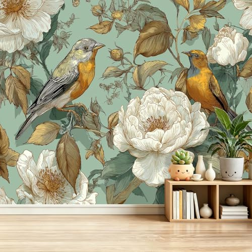 Fototapet fibertapet ljusgrönt guld, 200 x 140 cm väggtapet med retro vintage fåglar pioner rosor, vattentät gör-det-själv väggdekoration tapeter för vardagsrum sovrum restauranger kök