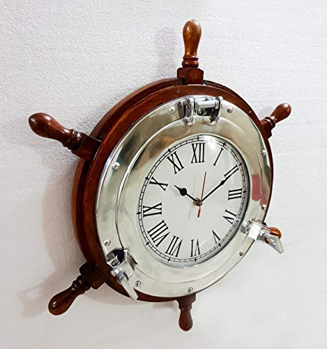 Vintage Marine 18 Wooden Ship Wheel Porthole Vintage Clock Nautical Wall Clock Home Decor