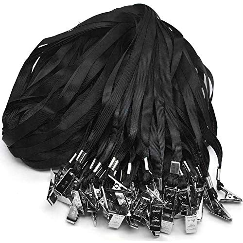 Beebel Black Lanyards 100 Pack Nylon Flat Badge Lanyard Bulldog Clip for Id Badge Name Tags