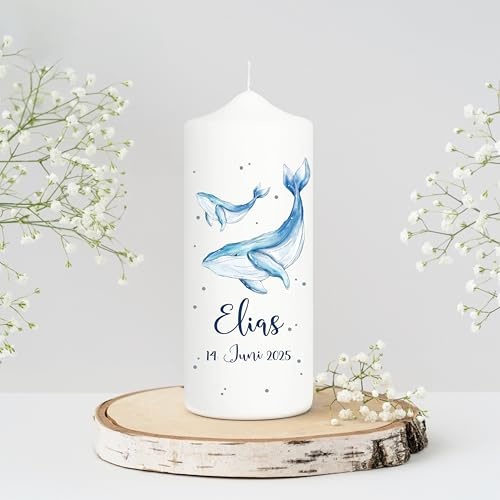 Wandtattoo Loft Taufkerze Junge mit Taufspruch, Motiv Blauer Wal 18 x 7 cm, personalisierte Kerze, bedruckte Kerze zur Taufe, Taufgeschenk