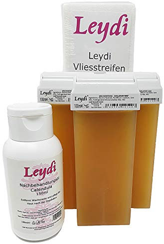 Nachfüllset aus 3 Leydi Wachspatronen Honig, 100 Leydi Vliesstreifen und Leydi Nachbehandlungsöl für die Haarentfernung mit 100ml Roll-On Sets