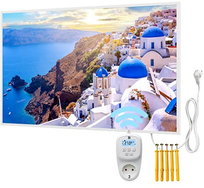 BR Bringer® Bildheizung 800 W mit Rahmen Smart-Thermostat Santorini | Bildheizung mit hochwertigem UV-Druck, mit Rahmen - Motiv Santorini, Griechenland, Format 100x60 cm - mit Smart-Thermostat