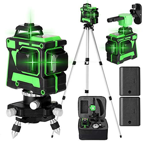Kreuzlinienlaser Grüne, KKnoon 3x360° Selbstnivellierender Grüner Laser-Wasserwaage mit Stativ, 2400mAh*2 Batterie 12 Linien Kreuzlinienlaser 1.5m Höhenverstellbares Verlängerungsstangen-Stativ