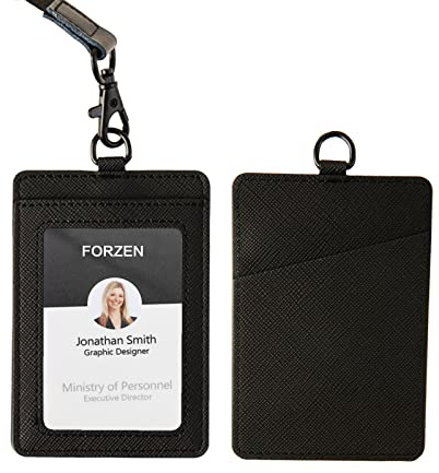 Badge Holders,Leather ID Badge Holder,Vertical Leather ID Badge Card Holder with 1 Clear ID Window & 2 Elastic Credit Card Slot and 1 Detachable Neck Lanyard for Offices ID,School ID (Black)
