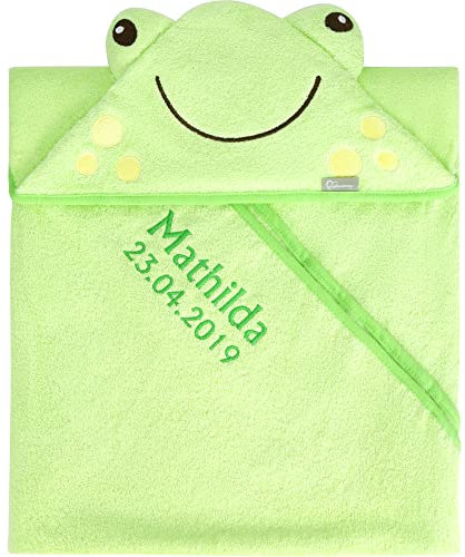Be Mammy Kapuzenhandtuch Babyhandtuch aus Baumwolle Bestickt mit Name und Geburtsdatum 95cm x 95cm BE20-282-BBL (Grün - Frosch)