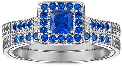 Freundschaftsringe Silber Damen, Prinzessin Blau 4X4Mm Zirkonia Halo 2Pcs Ring Set Eheringe mit Vorsteckring 52