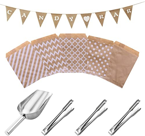 Zasvec Pinze da Zucchero 3 pezzi Pinze e Paletta per Ghiaccio in Acciaio Inox con 50 Candy Bar Sacchetti Carta 1 Bandierine Triangolari Lino per Matrimoni Cucina Bar e Feste