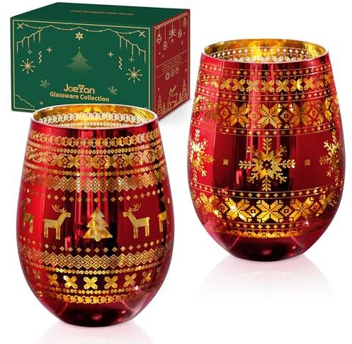 Joeyan Christmas Stemless Wine Glasses Set of 2-540ml Etched No Stem Red Wine Glass with Tree, Elk and Snowflake Decorated Patterns - Large Hand Painted Glass Tumblers for Gifts