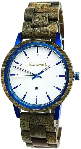 Holzwerk Germany Montre de designer faite à la main, unisexe, pour homme et femme, en bois naturel, analogique, classique, marron, bleu, vert, blanc, Marron., Bracelet