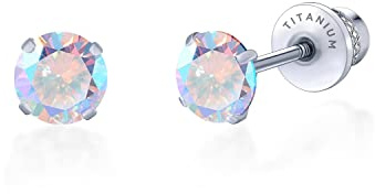 Limerencia Hypoallergenic G23 Implant Grade Titanium Screw Back Earrings Tragus 20G Helix F136 Piercing Post for Sensitive Ears Simulated Diamond Cartilage (5 mm, Aurora Borealis)