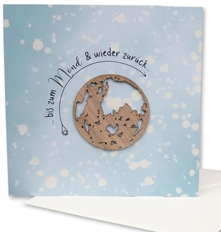 Original Holzgrusskarte - Geschenkkarte für eine besondere Überraschung oder als Dankeschön, Motiv Mond, Freundschaft, Liebe, Billet, Glückwunschkarte, Postkarte