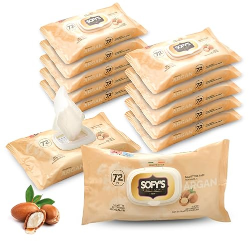 DETERMONDO 432 Salviette Neonato Igienizzanti Umidificate e Profumate all'Argan Senza Alcool, Ideali come Detergenti Cambio Pannolino, Viso e Mani, Pacco Scorta 6 confezioni da 72 Salviettine